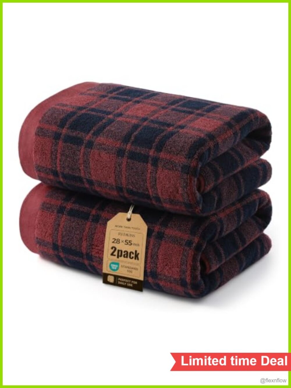 100% Cotton Bath Towels Set of 2 Checkered Quick Dry 28x55 Large